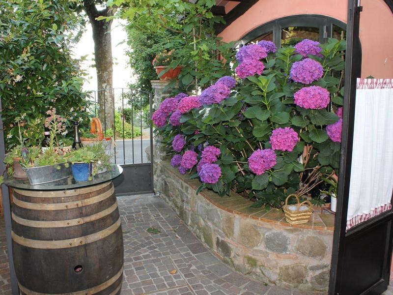 Cozy terrace with wooden barrel, blooming hydrangeas, and open door.