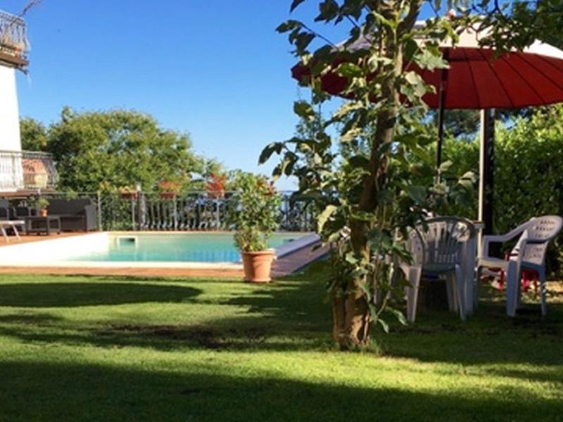Green garden with pool, chairs, and red umbrella under clear sky.