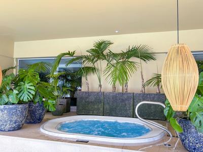 Moderna bañera de hidromasaje con plantas azules y lámparas elegantes en una habitación de hotel.