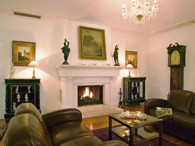 Gezellige woonkamer met leren stoelen, open haard schoorsteen, kroonluchter en antiek meubilair.