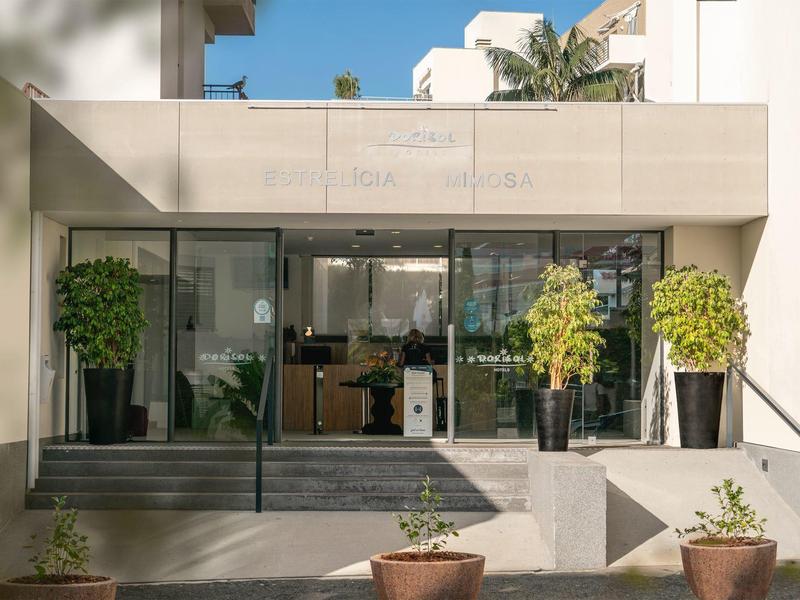 Moderní vstup do hotelové lobby se skleněnou fasádou a velkými rostlinami v květináčích.