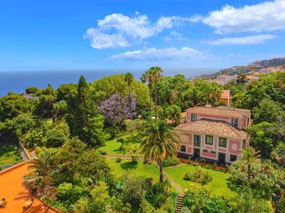 Dom z ogrodem otoczony palmami z widokiem na morze pod czystym niebem.