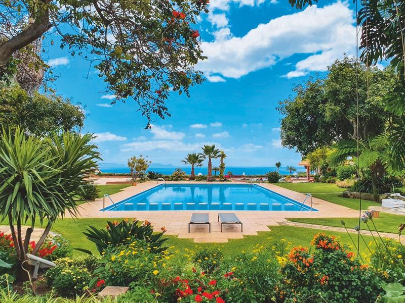 Basen z leżakami otoczony zielonymi roślinami z widokiem na morze pod niebieskim niebem.