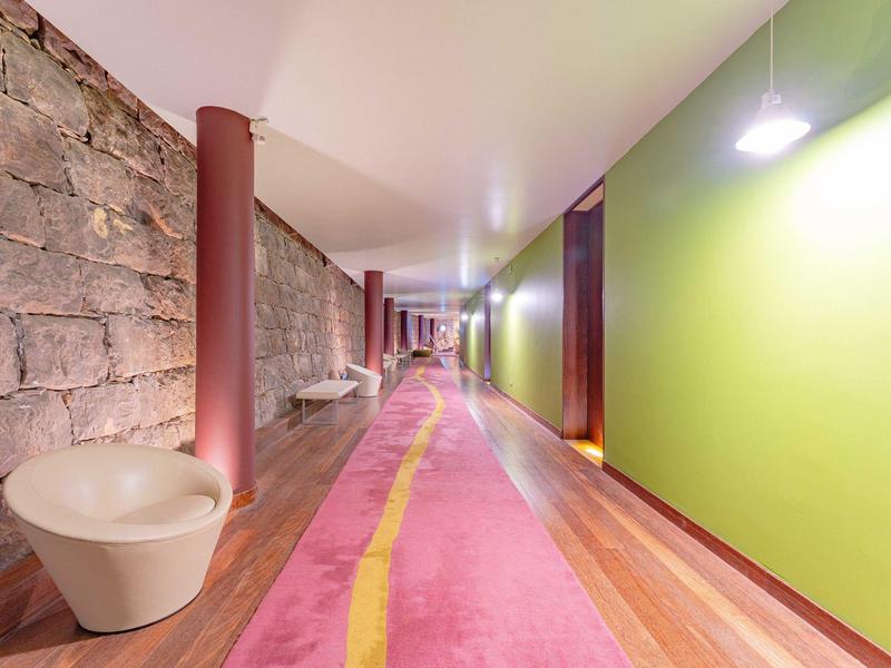 Nowoczesny korytarz z różowym dywanem i kamienną ścianą w hotelu