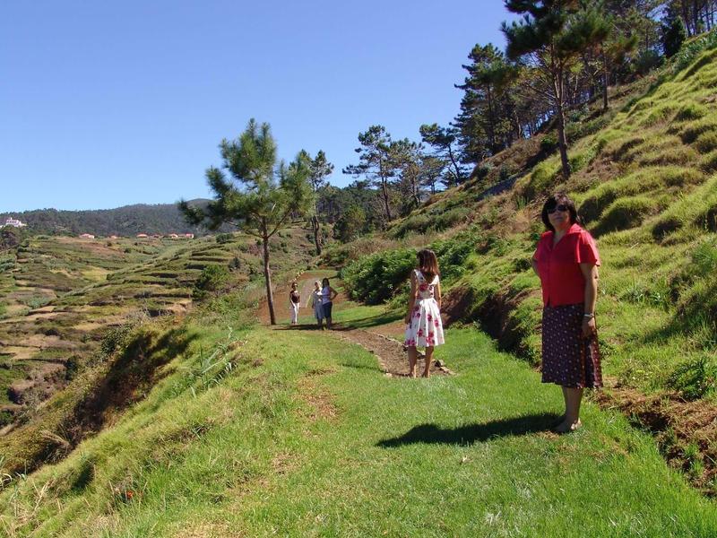 Persone camminano su un sentiero erboso lungo un pendio con cielo limpido.