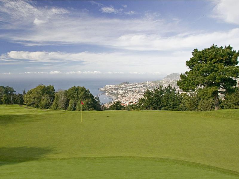 View of green golf course with trees and city by the sea in the background.