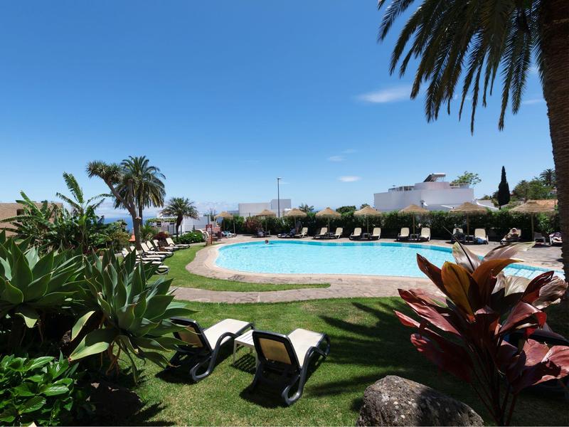 A tranquil pool area surrounded by lounge chairs, palm trees, and green vegetation under a clear sky.