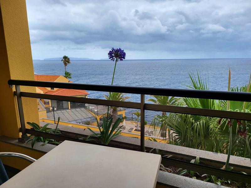 Widok z balkonu ze stołem na morze, niebo i rośliny w pochmurny dzień.