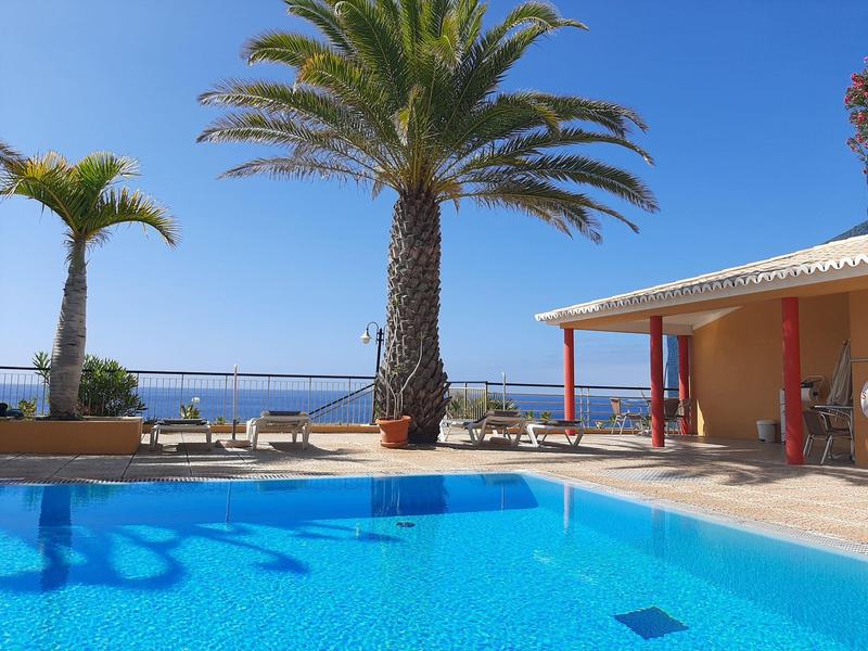 Basen hotelowy z palmami i widokiem na morze pod słonecznym niebem