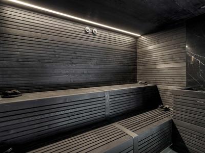Sauna moderne avec lattes en bois sombre et éclairage discret