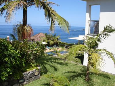 View of tropical garden with palm trees, pool, and ocean in the background beside a white hotel building.