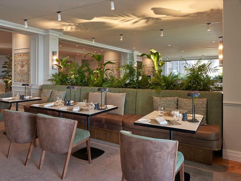 Ristorante elegante con sedute moderne e piante verdi come divisori.