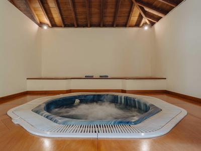 Innenraum mit eingebautem Whirlpool, Holzdecke, Holzfußboden und weißen Wänden.