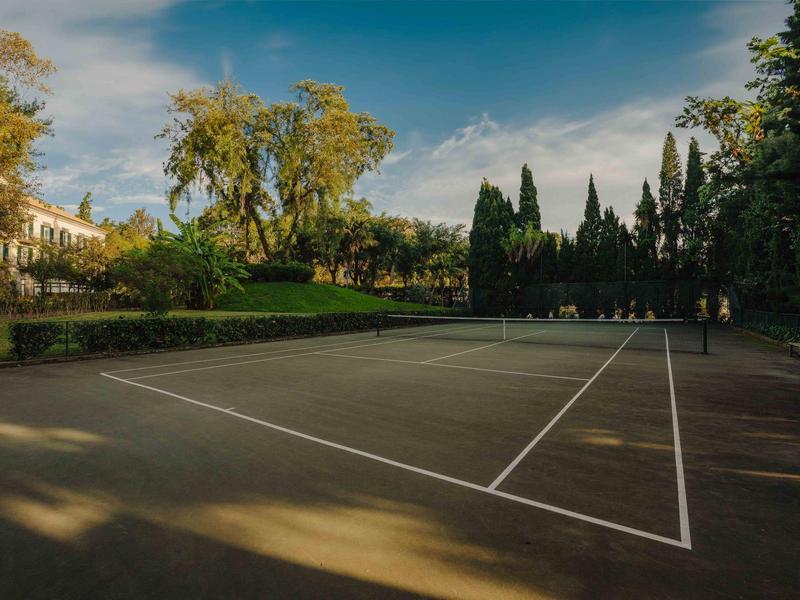 Leerer Tennisplatz umgeben von Bäumen und Sträuchern unter blauem Himmel mit Wolken.