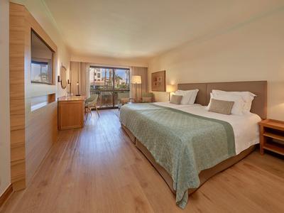 Helles Hotelzimmer mit Doppelbett, Holzboden, Fernseher und Balkon mit Stadtblick.