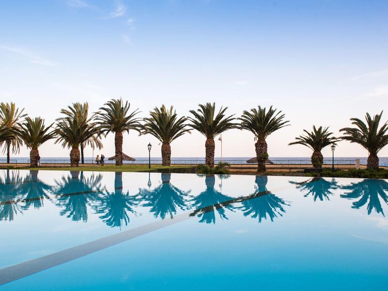 Palmy odbite w czystym błękitnym basenie pod słonecznym niebem.