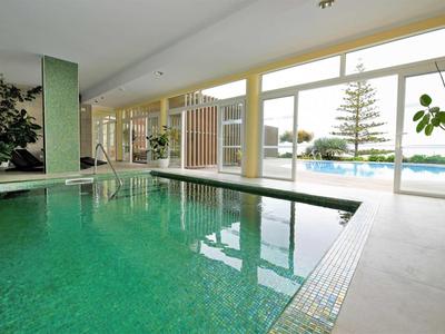 Piscine intérieure avec de grandes fenêtres donnant sur un arbre et un espace extérieur.