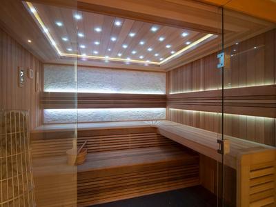 Innenraum einer modernen Sauna mit Holzverkleidung, mehrstufigen Bänken und LED-Beleuchtung.