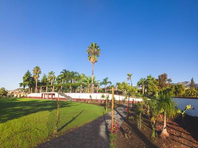 Giardino curato con palme e sentiero accanto a un lago sotto un cielo azzurro.
