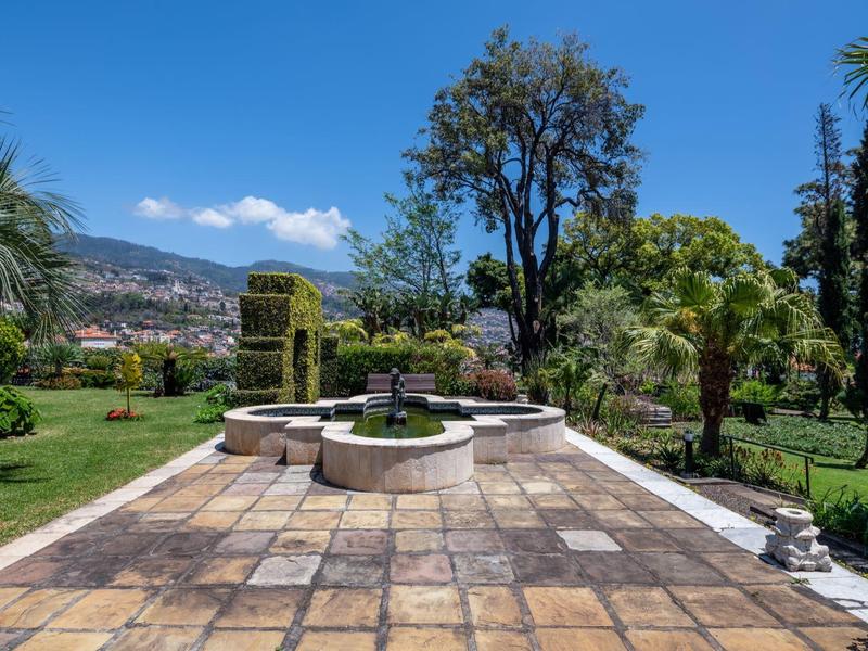 Sentiero lastricato con una fontana in un giardino verde con palme e montagne sullo sfondo.