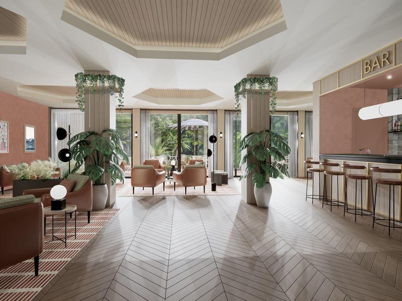Heller Hotel-Loungebereich mit Bar, Pflanzen und gemütlichen Sitzbereichen