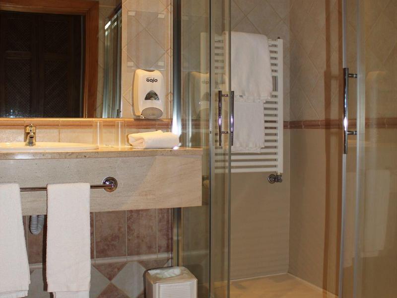Modern bathroom with large glass shower, towels, and a mirror above the sink.