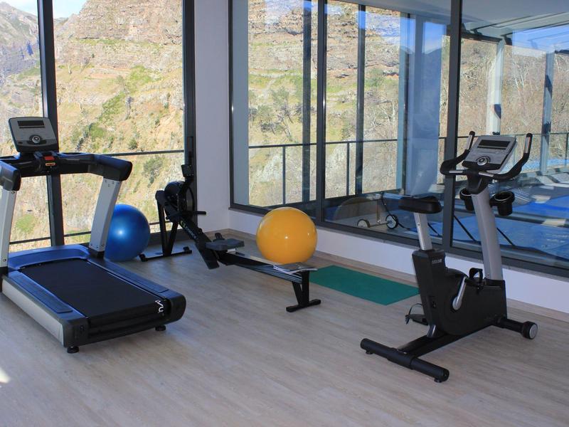 Fitness room with treadmill, rowing machine, therapy balls, and exercise bike with mountain view.