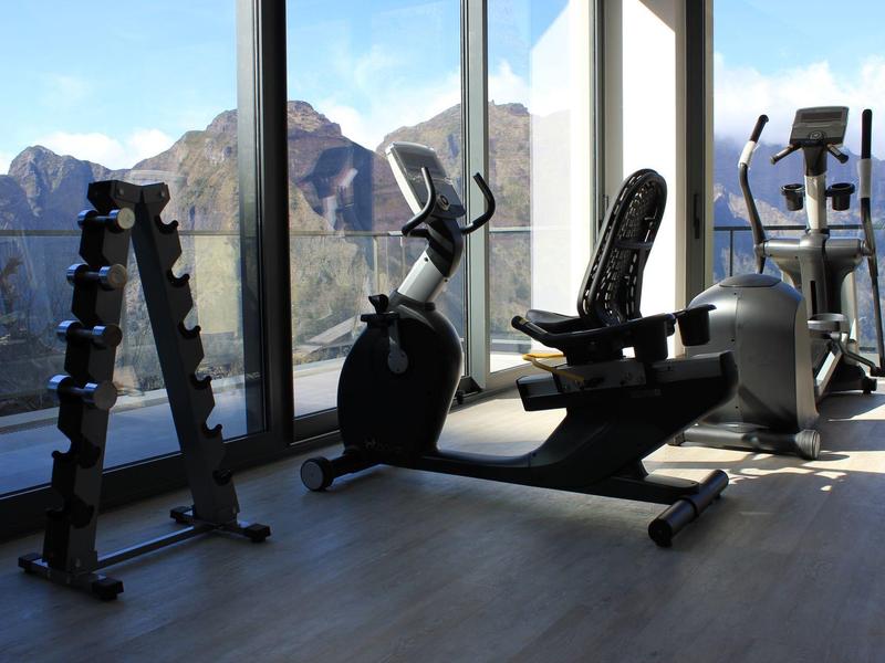 Modern fitness equipment with mountain view in a bright, spacious room.