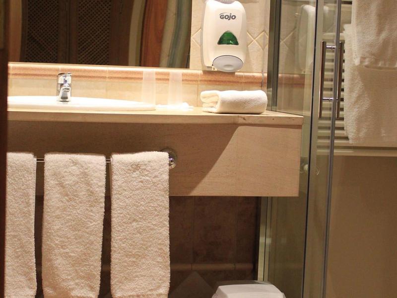 Bright bathroom with washbasin, mirror, towel hooks, and waste bin.