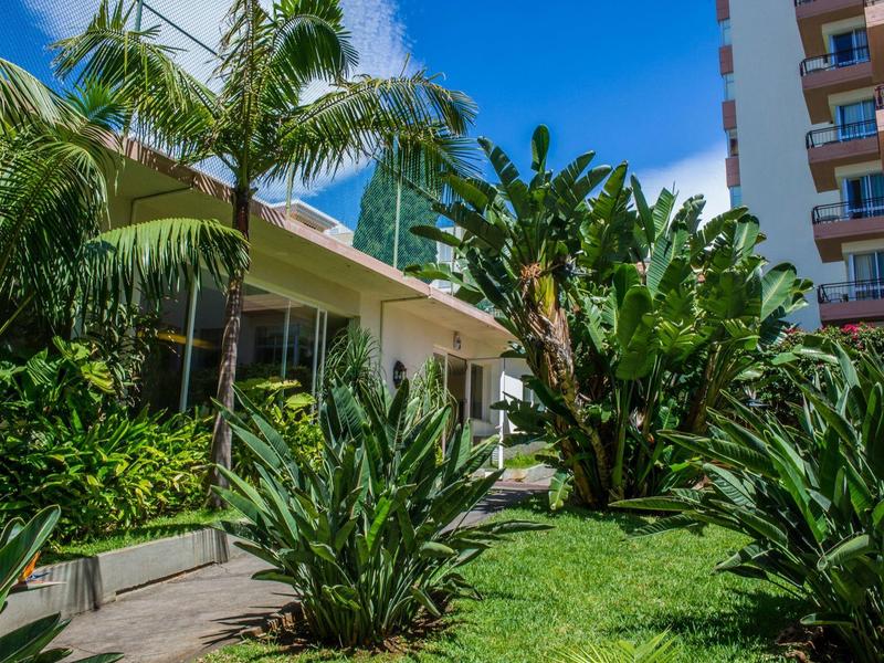 Groene hoteltuin met tropische planten en palmbomen bij zonnig weer