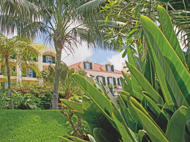 Grünes Gartengelände mit Palmen und großen Blättern vor mehrstöckigem gelbem Gebäude.