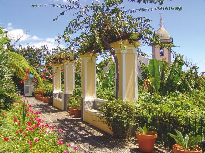 Ein sonniger Gartenweg mit gelben Säulen und üppigem Grün in einem tropischen Hotelumfeld.