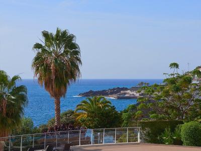 Blauer Pool mit Palmen und Meer im Hintergrund unter klarem Himmel.