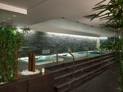 Moderner Spa-Bereich mit beleuchtetem Pool, Steinwand und grünen Pflanzen in ruhiger Atmosphäre.