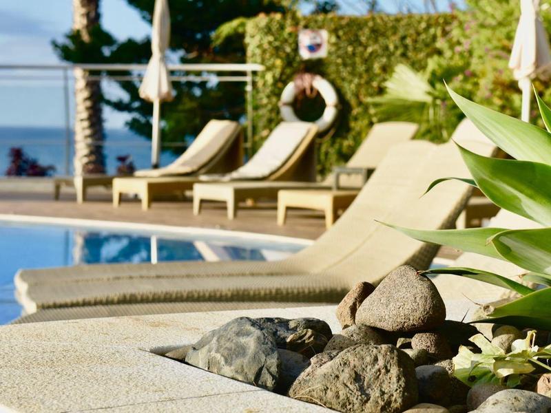 Pool mit blauem Wasser, Liegestühlen, grünen Pflanzen und Steinen am Rand bei Sonnenschein.