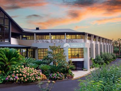 Edificio di hotel moderno circondato da vegetazione rigogliosa e fiori colorati al tramonto.