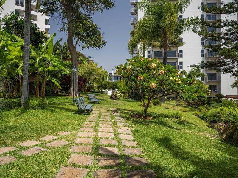 Grüner Gartenweg mit Bäumen und Sitzbank neben mehrstöckigen weißen Gebäuden bei Sonnenschein.