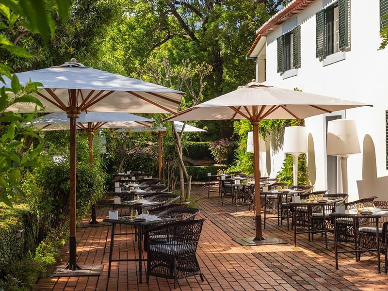 Terrazza dell'hotel con tavoli, sedie e ombrelloni in un'area verdeggiante.