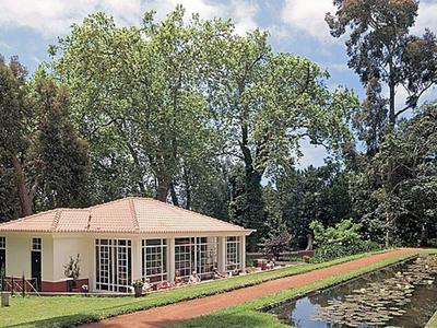 Zielony park z kwitnącymi drzewami i widokiem na miasto oraz góry w tle