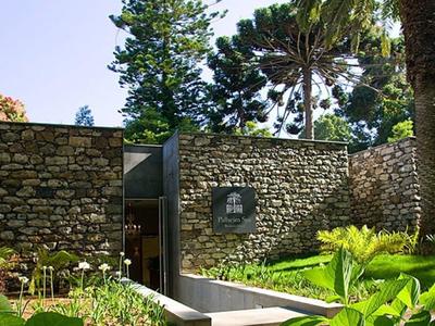 Kryty basen z leżakami i dużymi oknami z widokiem na ogród.