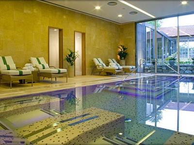 Kryty basen z leżakami i dużymi oknami z widokiem na ogród.