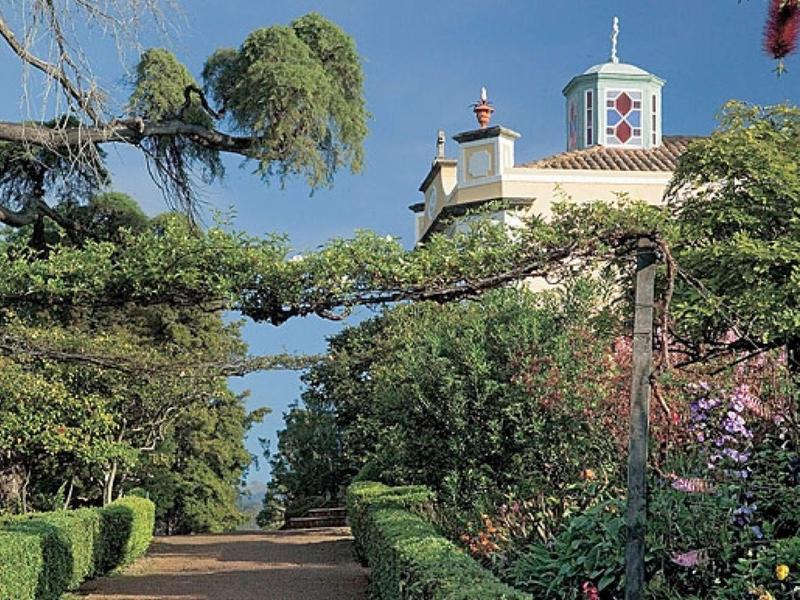 Ścieżka z zielonymi żywopłotami i kwitnącymi krzewami prowadzi do białego domu z zegarem nad morzem