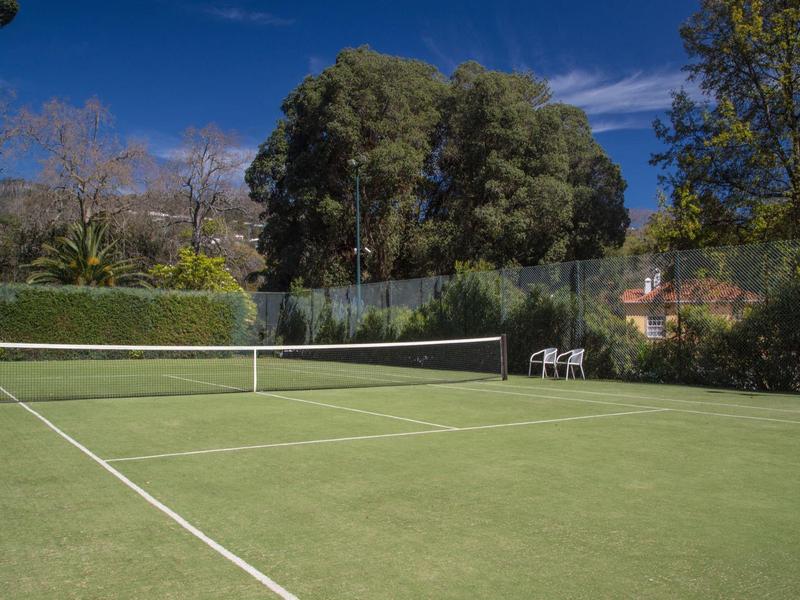 Pusty kort tenisowy z zieloną sztuczną trawą, otoczony drzewami i kwitnącymi krzewami pod niebieskim niebem.