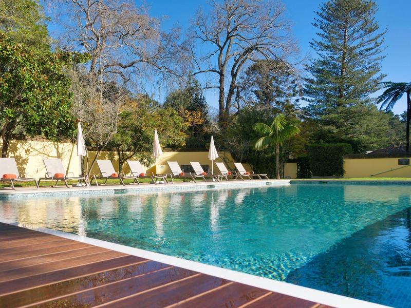 Basen z leżakami i parasolami w słonecznym plenerze z drzewami