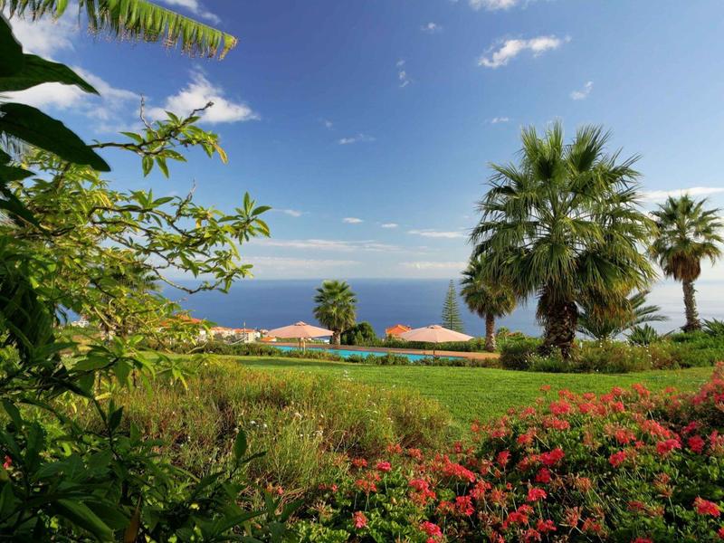 View of a garden with palm trees, colorful flowers, and sea in the background under clear sky.