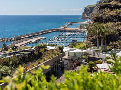 Küstenlandschaft mit Hafen, Booten, grünen Pflanzen und Klippen unter blauem Himmel.