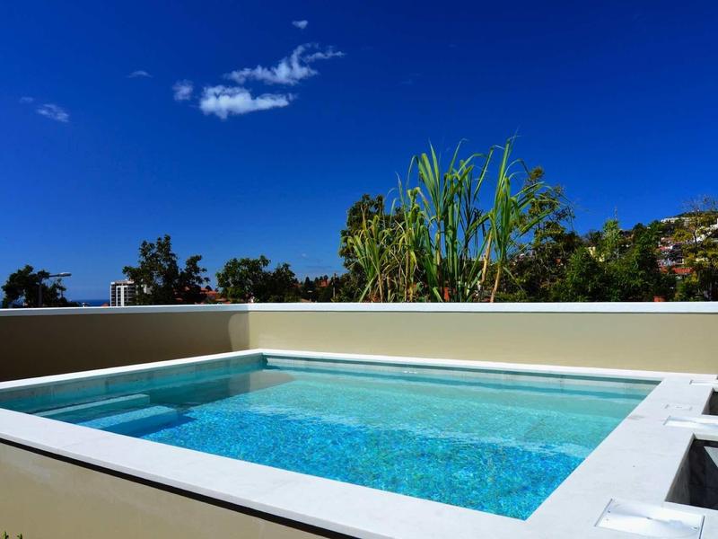 Przejrzysty basen na zewnątrz z białą krawędzią pod niebieskim niebem i zielonymi roślinami.