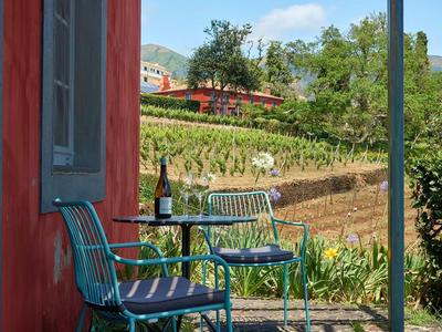 Malý stůl se dvěma židlemi a lahví vína před červenou budovou s výhledem na vinice.