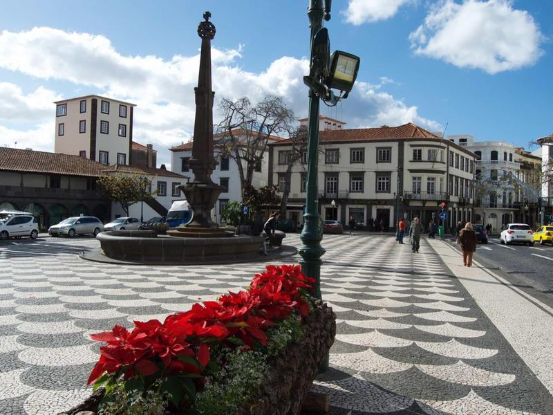 Stadsplein met fontein, rode bloemen en historische kinderkopjes onder een blauwe lucht.