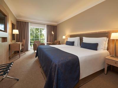 Camera d'hotel luminosa con letto matrimoniale, coperte blu e vista su terrazza e giardino.